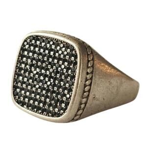 Mens Sterling Silver Black Cubic Zirconia Pavé Cushion Signet Ring Size 11